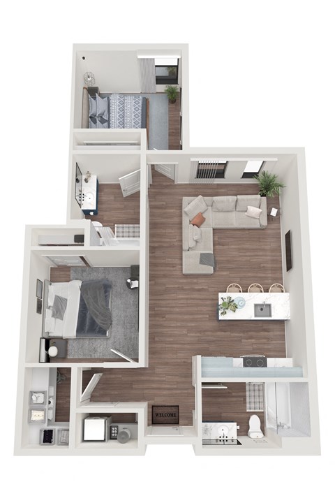 Floor plan for 2 beds, 2 baths, 942 sqft